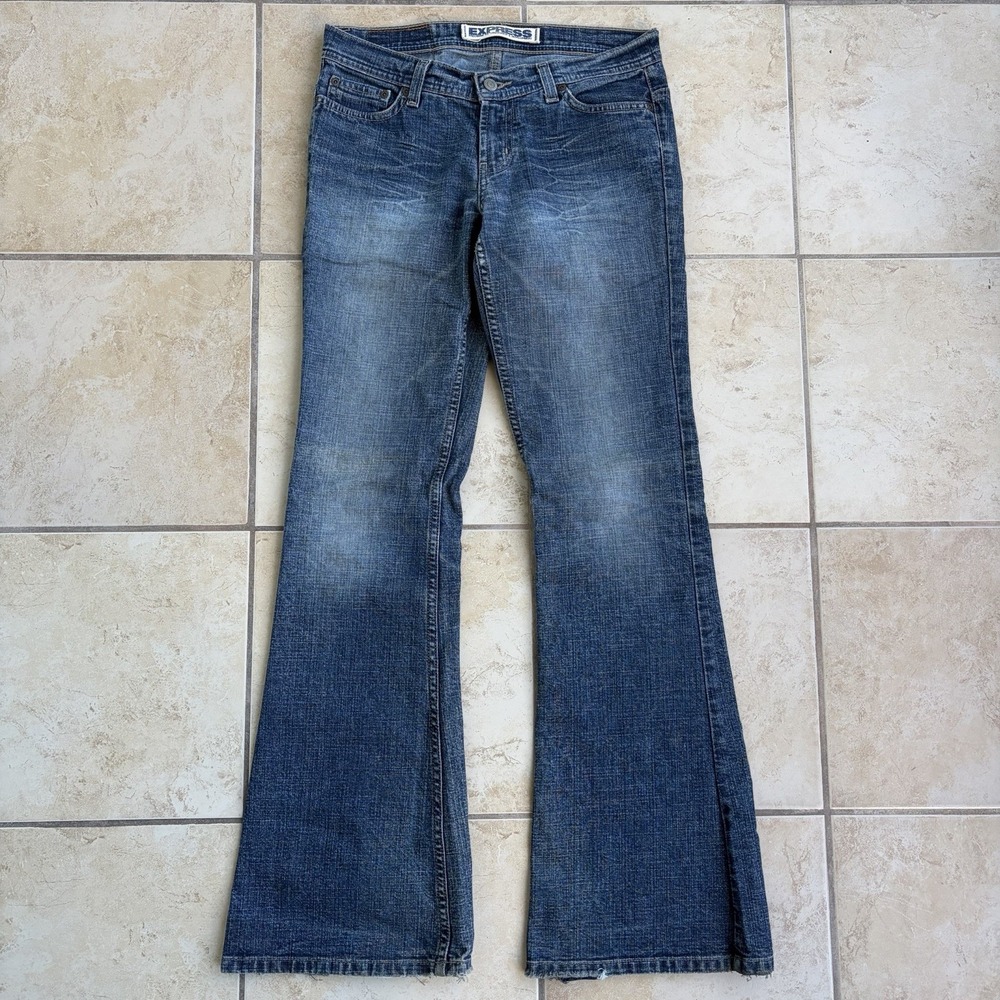 Vtg Express Jeans Women's 6 Blue‎ Low Rise Flare Repaired Patchwork Grunge Y2K
